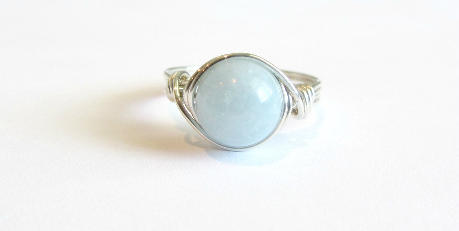 Aquamarine Sterling Silver Filled Ring, Silver Wire Wrapped Ring, Stone Ring