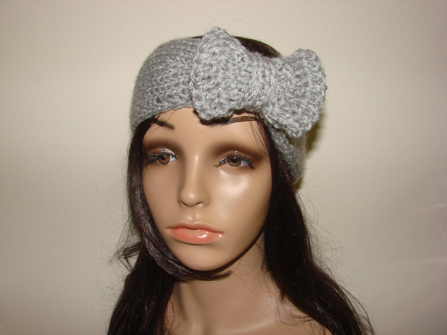 Grey Big Bow zKnit headband,Turban Headband hand knit Light Grey Bow, Spring Bohemian Head Wrap, Bow Hair Clip Crochet Bow Teen Adult Woman
