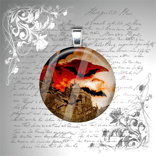 Vampire Bats and a Blood Red Sky - Glass Pendant Necklace