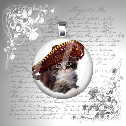 Mexican Sombrero Kitty Cat - Festive Cinco De Mayo Kitty - 1 Inch Glass Circle Photo Pendant Necklace
