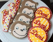 Curious George Decorated Cookie Favors, with monkey, number, and personalized name round