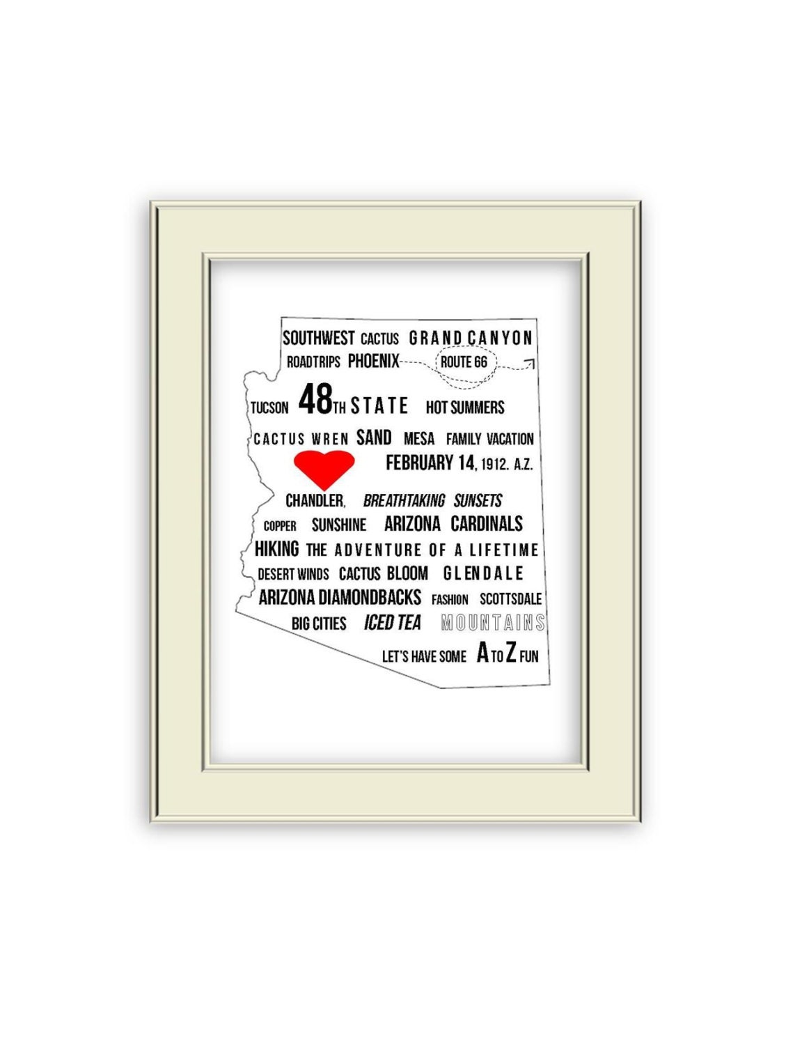 Arizona State Art Print- Arizona State Outline and Attributes. Wedding Art, Arizona Art. Grand Canyon.