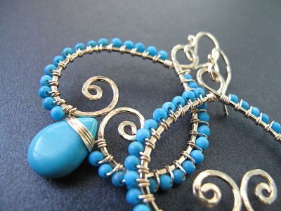 Luxe Bijoux 100 Hammered swirl earrings with choice of green turquoise or blue magnesite turquoise