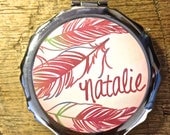 Personalized Compact Mirror- Beautiful feather dainty design pocket mirror- Great Bridal / bridesmaid gift idea birthday gift