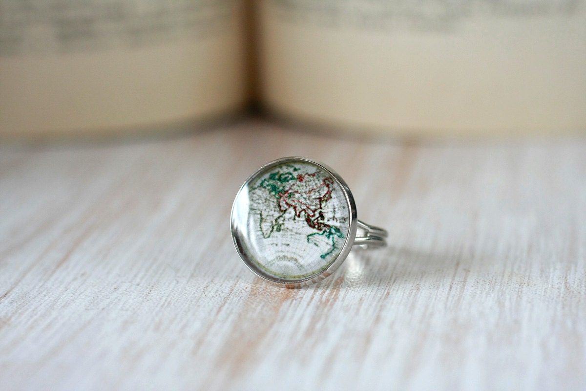 Vintage Map Clear Resin Ring , Ring, for her, vintage map
