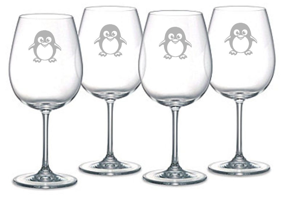 Penguin Wine Glass Set of 4 Sand Carved ( Etched, sandblasted)