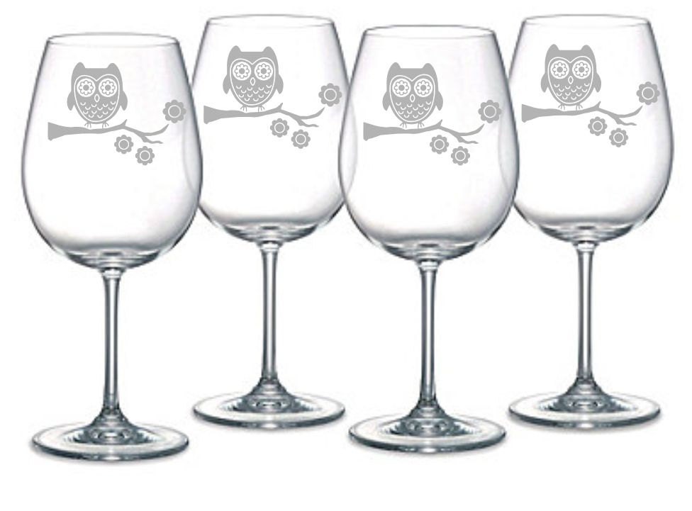 Owl Wine Glass Set of 4 Sand Carved (etched, sandblasted)