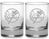 New York Yankees Rocks Glass Set of 2 Sand Carved (etched)