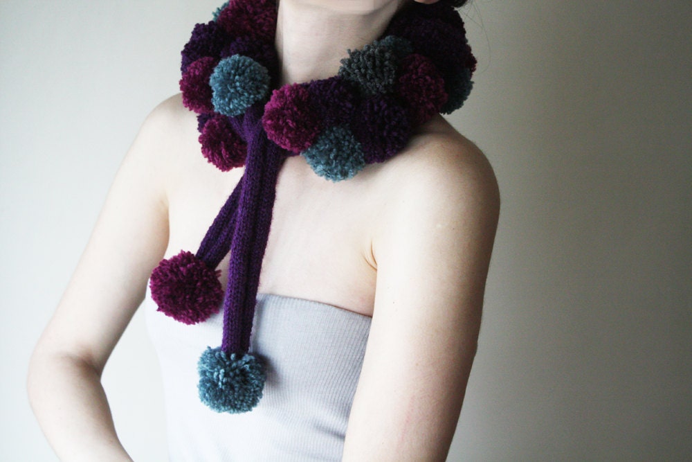 Pompom Neckwarmer / Scarflette, Plum, Violet, Purple, Gray - Blue, Scarf, Neck Warmer, Neckpiece, Collar
