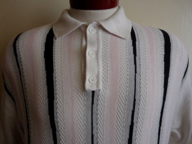vintage 80's Peletti color block pink black asymmetric vertical stripe pastel pink white black men women unisex collar short sleeve textured