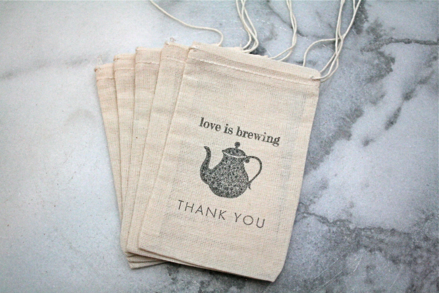 Wedding favor bags, muslin, 3x5. Set of 35. Love is Brewing with tea kettle and thank you text.