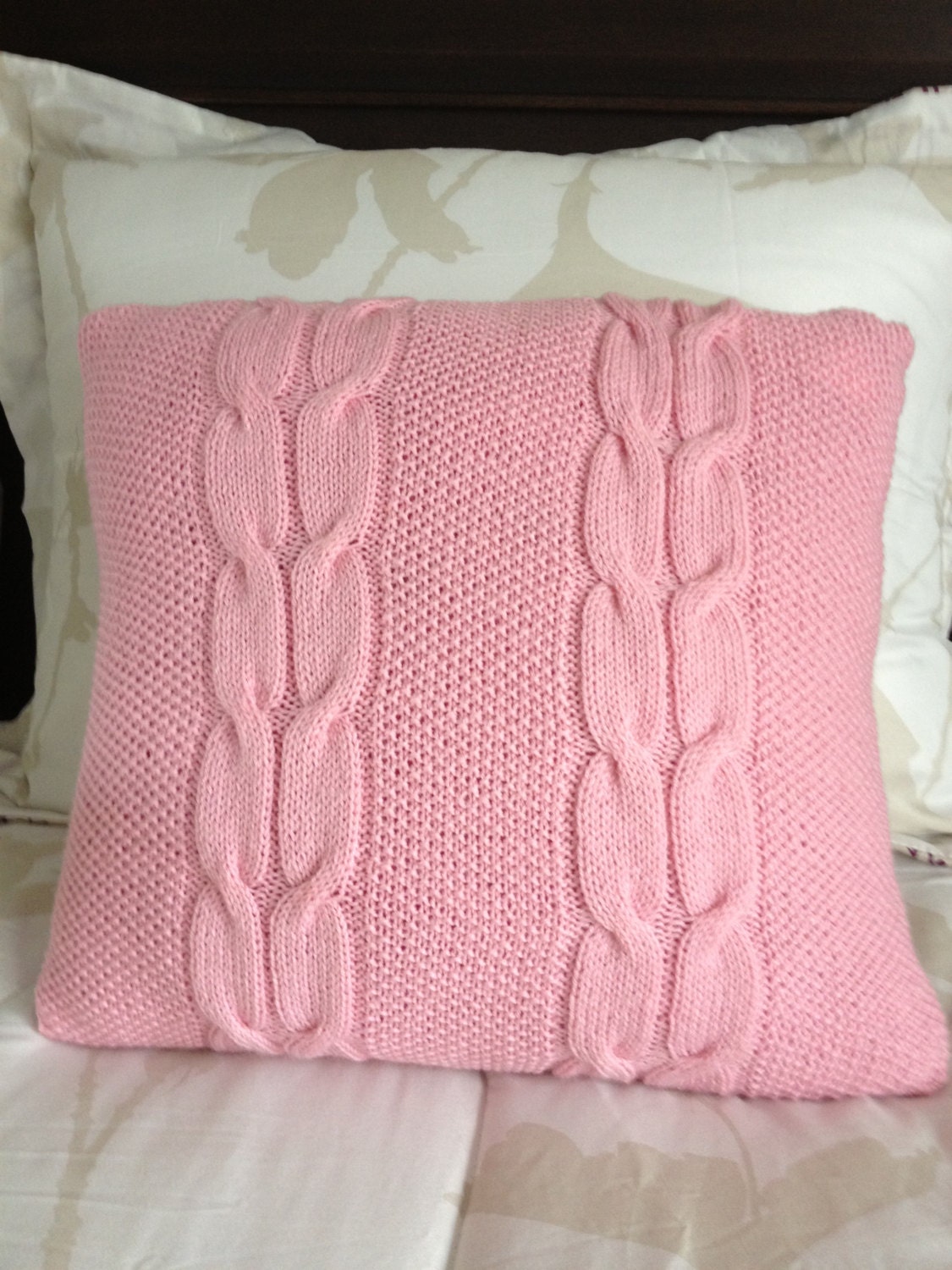 Hand knitted pink pillow, throw and cable pattern, pillow included