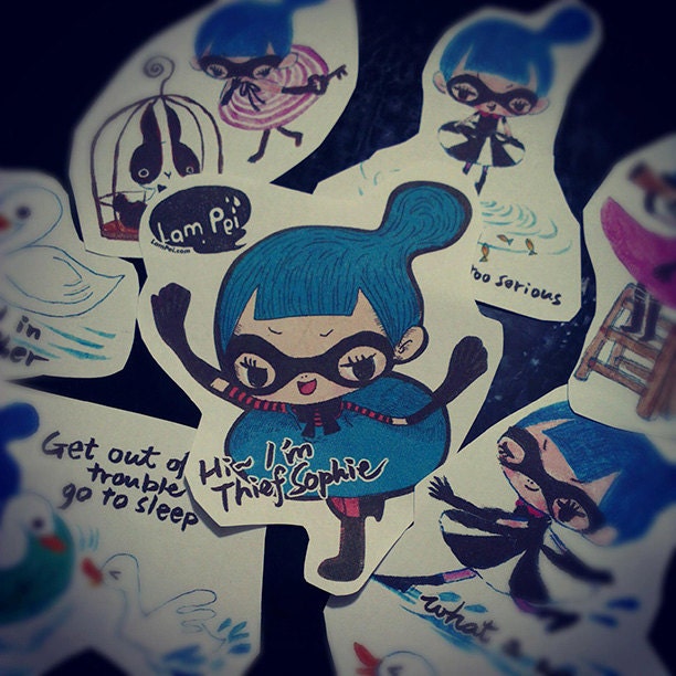 8 illustration Sticker Labels with Mini Art Zine - Thief Sophie