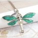 Green dragonfly necklace, large enamel charm pendant spring woodland vintage style jewelry