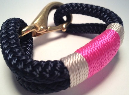 Navy Nautical Rope Bracelet with Off-White & Pink Stripe with Bronze clasp