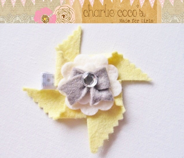 Girls/Baby Felt Pinwheel Hair Bow, Flower Hair Clip, Yellow and Gray Hair Bow, Unique Hair Clip,Felt Flower Hair Clip- "April Showers"