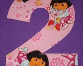 Dora Birthday Shirt, Custom Monogrammed Girls T-Shirt w/ Letter or Number in Dora the Explorer Fabric, Kids/Childrens/Toddler/Baby Clothes