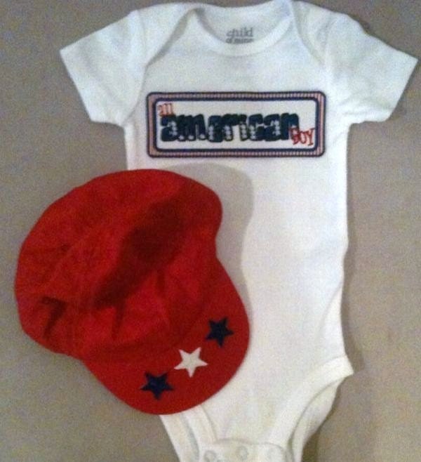 4th of July outfit for baby boys - "All American Boyl" onesie and matching patriotic hat