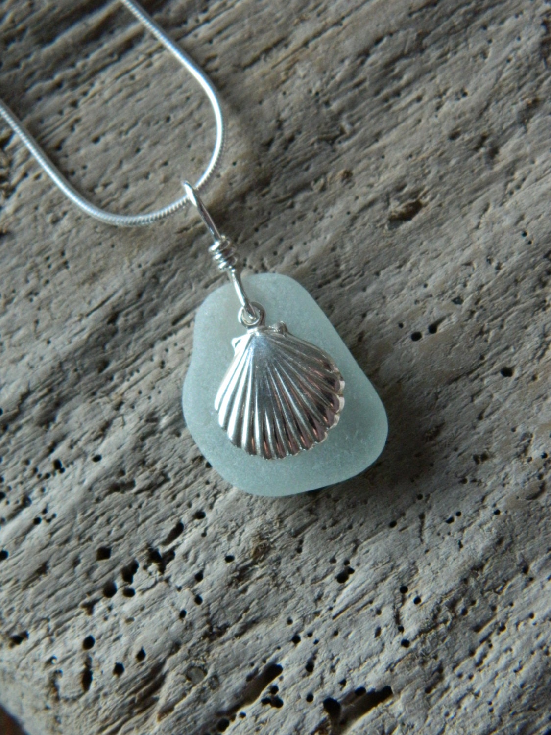 Clear Frosted Sea Glass Shell Pendant