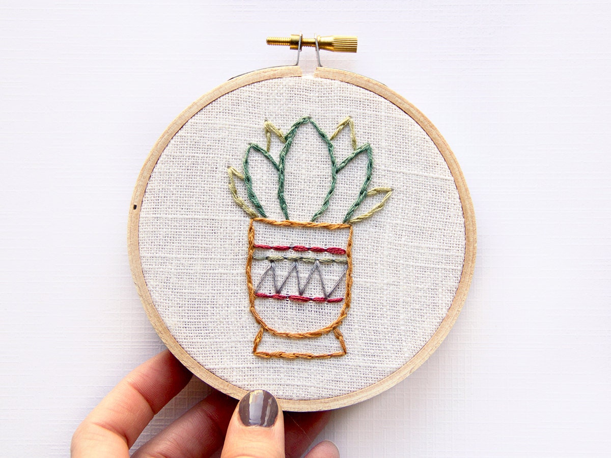 Cactus Succulent Embroidery - 4 Inch Hoop Art - Hand Embroidered - Southwestern Botanical Wall Art - Stitched Art - Jade Plant