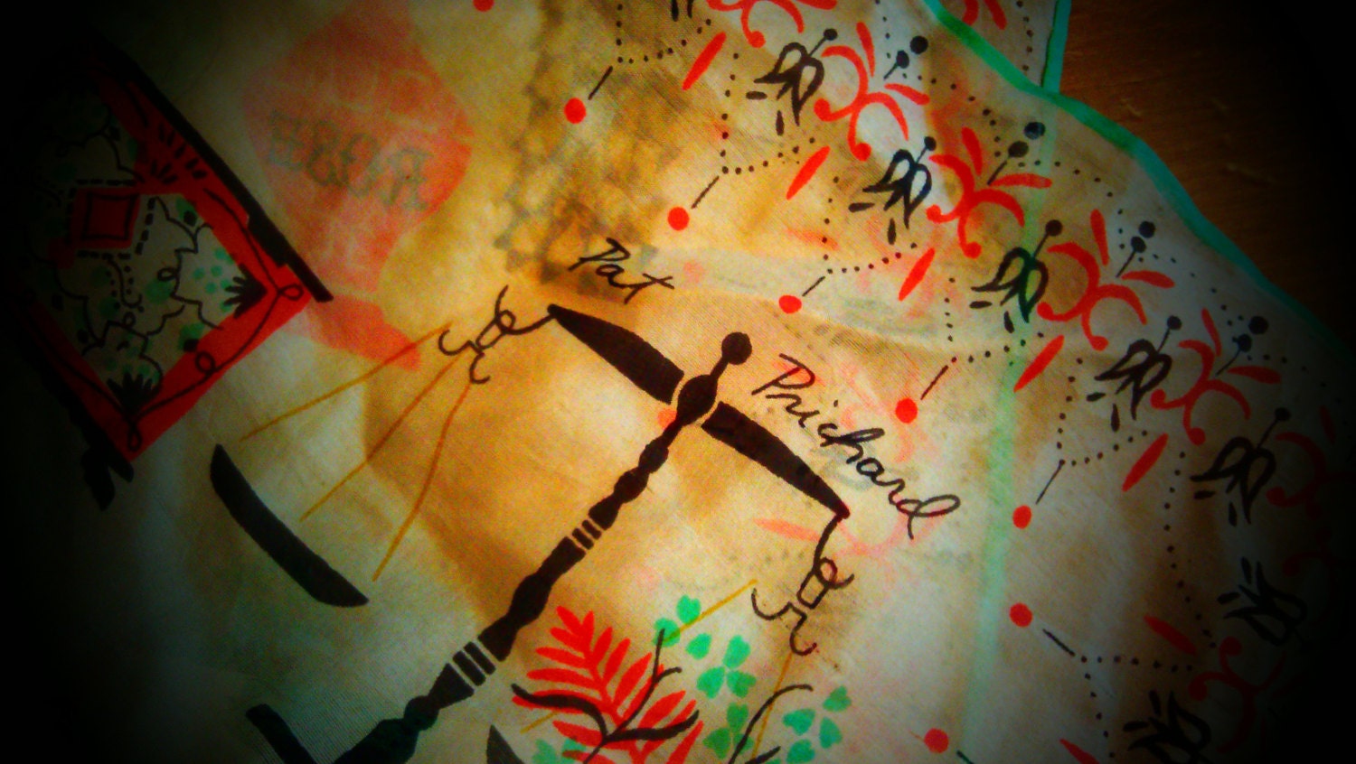 Vintage Silk Pat Prichard mid-century scarf- Green, red, black and white