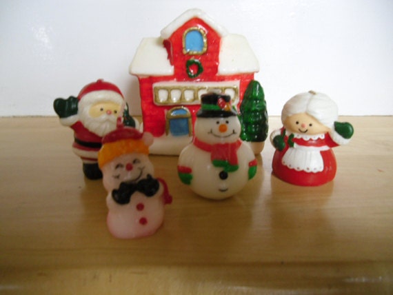Vintage Christmas Candles / House, Mr. and Mrs. Santa, 2 Snowman