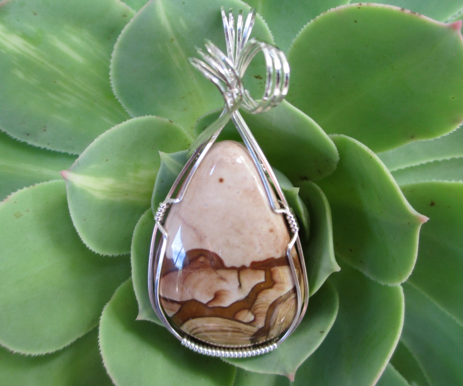 Natural Biggs Jasper Stone Sterling Wire Wrapped Pendant
