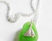 Sea glass and sterling silver sailboat charm necklace - nautical gift, sea glass fashion jewelry