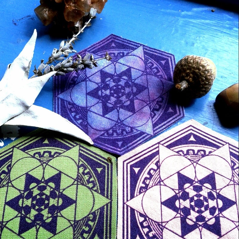Sacred Geometry Patch Set - Pair of Star Tetrahedron Merkaba Gear Silkscreen Hexagon Fabric Print in Pink Green or Purple - Love Intuition
