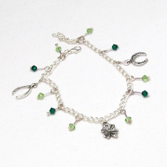 Good Luck Charm Bracelet, Lucky Charm Bracelet, Green Crystal Bracelet, Shamrock Bracelet, Wishbone Bracelet, Horshoe Bracelet