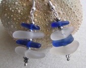 Stacked Cobalt Blue and White Sea Glass Earrings with Sterling Silver.