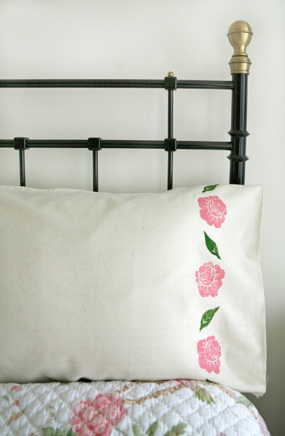 Rose hand printed unbleached cotton pillow case set - pink flowers, country, rustic, calico bed linen - Corydora