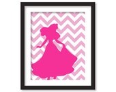 Nursery art - Silhouette of  princess in fuchsia and chevron pink
