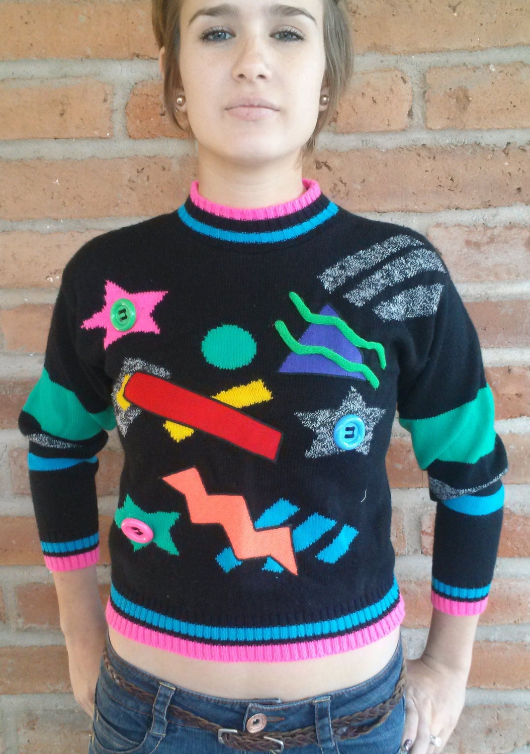 Funky 1980's Crop Sweater, Celestial, Colorful, Fun sweater, Made in the USA