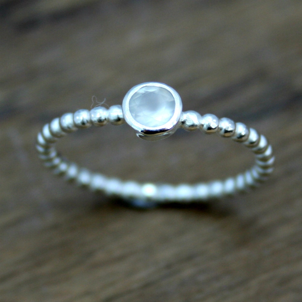 White Moonstone Solitaire Ring, Beaded Silver Wire Ring, Made to Order, UK Handmade