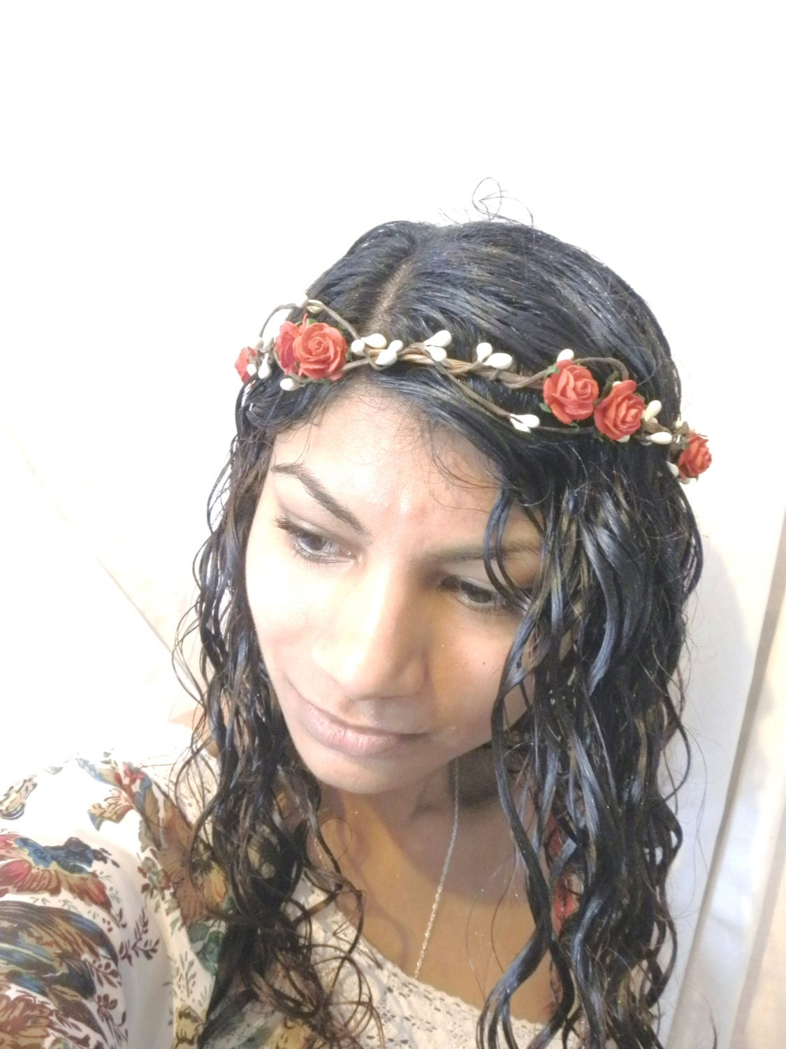 flower hair wreath ( red rose)  Wedding headpiece, headband, vintage inspired rose crown, french ribbon pip berries