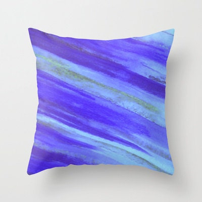 WASHED UP - Original Art Throw Pillow Cover 18 x 18 inch, Bold Blue Stripes Abstract Watercolor Painting Colorful Fun Surfer Ocean Waves