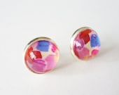 DOTTY IN PINK Cute Polka Dot Post Stud Art Earrings, Original Handmade Abstract Art Colorful 12mm Round Glass Dome Modern Hipster Jewelry