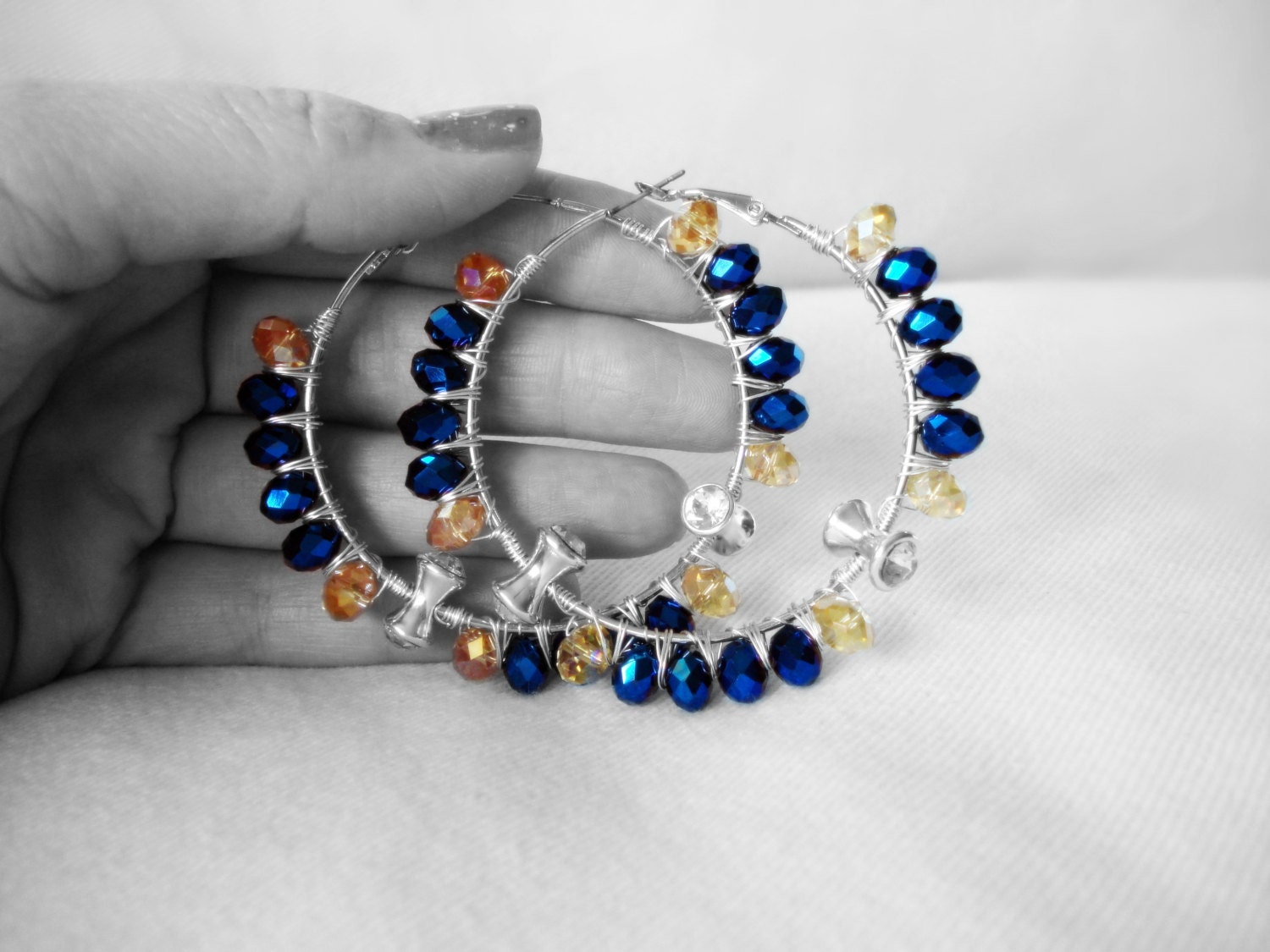 Royal Blue and Golden Bohemian Czech Glass Embellished Silver Hoop Earrings