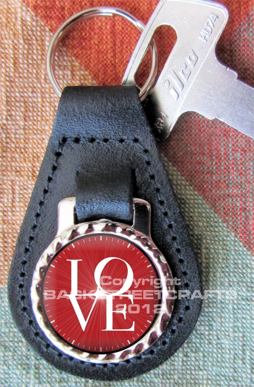 LOVE Genuine dyed black Leather Key Ring Fob Fathers Day  Graduation Christmas Under 15.00