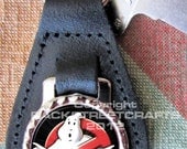 GHOST BUSTERS WHO You Gonna Call  Genuine dyed black Leather Key Ring Fob Fathers Day  Graduation Christmas Under 15.00