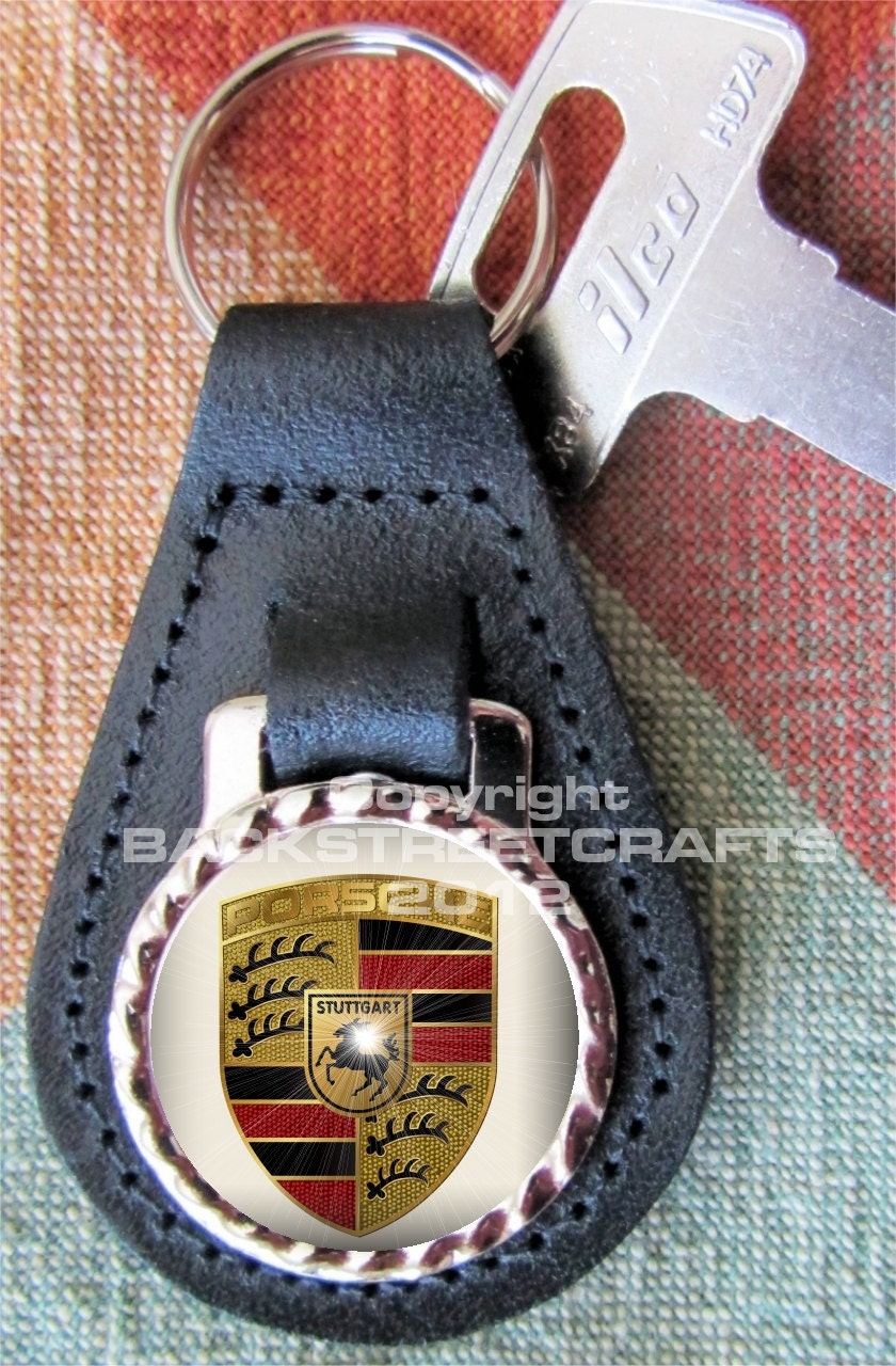 PORSCHE Genuine dyed black Leather Key Ring Fob Fathers Day  Graduation Christmas Under 15.00
