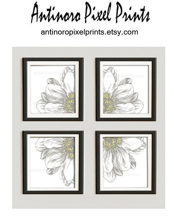 Yellow Khaki Floral Vintage / Modern inspired Ikat Art Prints Collection  -Set of (4) - 10x10 Prints -   (UNFRAMED)