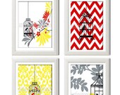 Bird Art Red Yellow Grey Black Vintage Modern Bird Art Print  - Set of (4) 8x10 Cfustom Colors Sizes Available Unframed