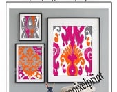 Ikat Collage Orange Fucshia Greys Black Art Wall Gallery Digital Print  -Set of (3) -  Prints -  11x14, 8x10, 5x7, (UNFRAMED)