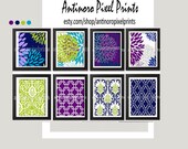 Digital Print Wall Art Chartruese Navy Teal Purple Vintage / Modern inspired Wall Art -Set of (8) - 11x14 Prints -   (UNFRAMED)