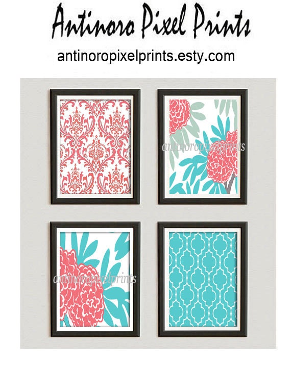 Coral Turquoise Floral  Art Prints Collection  -Set of (4) - 8x10 Prints -  Custom Colors Sizes Available  (UNFRAMED)