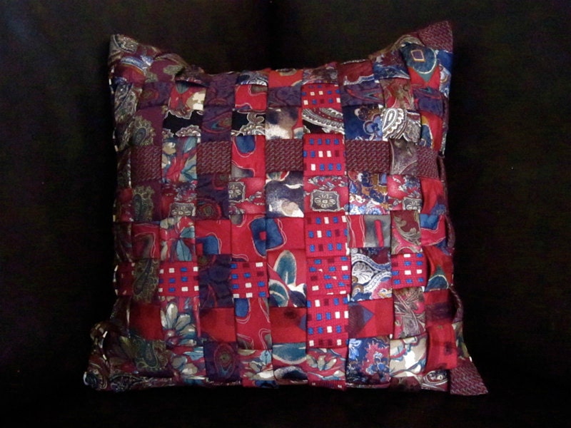 Repurposed Neckties, Red accent pillow. handmade. Ooak