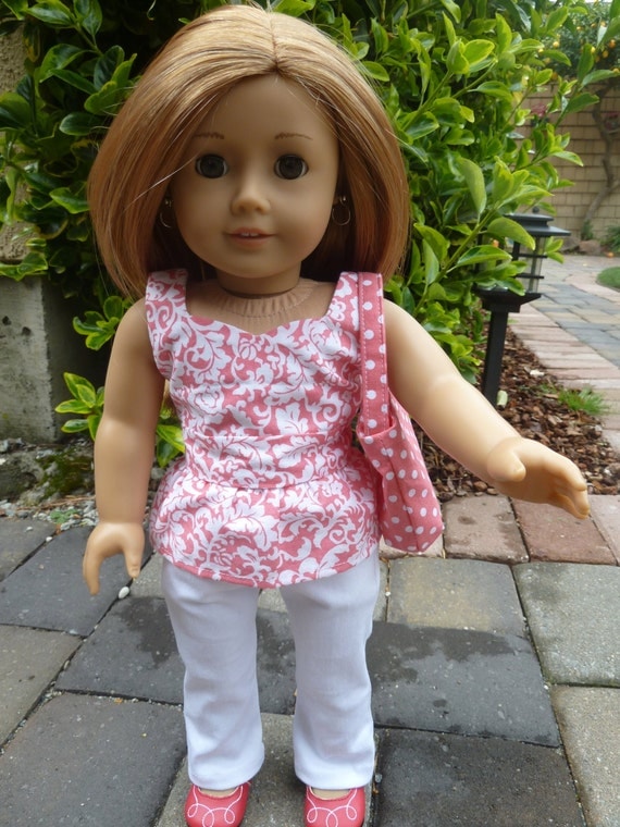 American Girl Doll Clothes - Polka Dots and Swirls, Too 3 piece outfit includes jeans, peplum top and purse