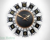 Fantastic Vintage 1960's Black & Gold Retro Wall Clock with Shapely Copper Hands
